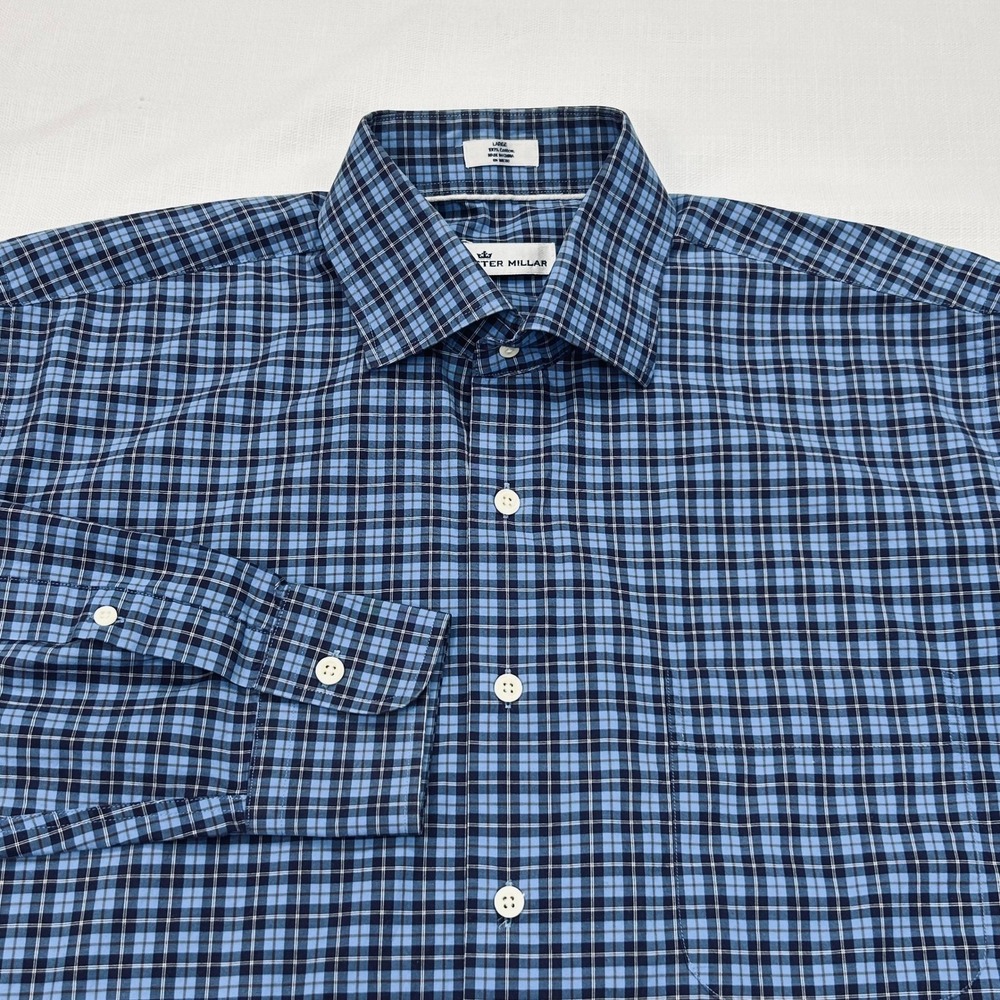 Peter Millar Classic Fit Shirt Mens L Blue Plaid Check Button Down Long Sleeve